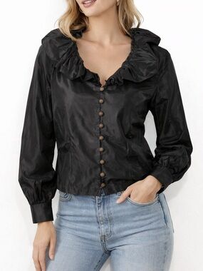 Vintage Y2K Silk Blouse Black Ruffle Dana Buchman Petite 8
